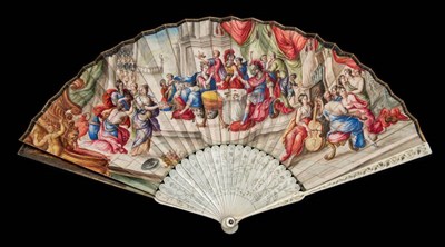 Lot 22 - Cleopatra and the Pearl: A Very Early 18th Century Ivory Fan, the sticks piqué with steel, the...