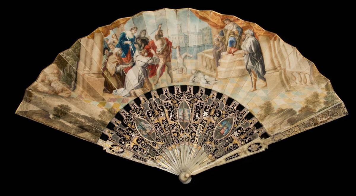 Lot 23 - The Judgement of Solomon: A Fine Early 18th Century Ivory Fan, with a bulbous head, the ivory...