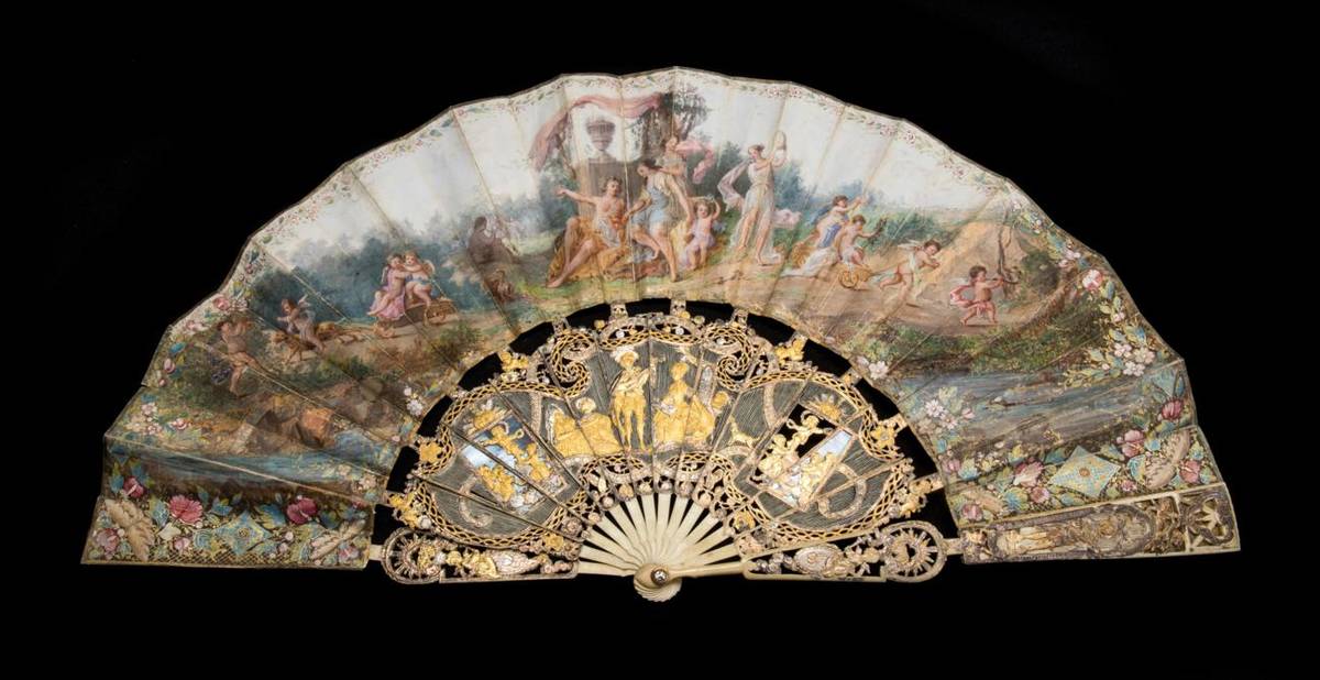 Lot 29 - Bacchus and Ariadne: A Mid-18th Century Ivory Fan, the monture with carved and pierced, gilded...