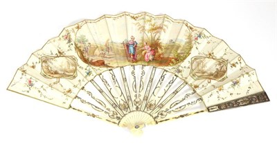 Lot 34 - Ruth and Boaz: A Mid-18th Century Ivory Fan, with carved, pierced and gilded sticks, the...
