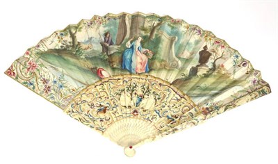 Lot 39 - An Early 18th Century Ivory Fan, the monture carved and pierced, and painted in green and blue with