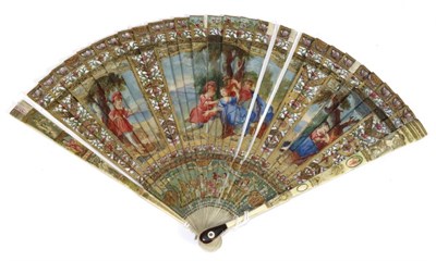 Lot 41 - A Fine and Early 18th Century Painted and Carved Ivory Brisé Fan, the gorge with the addition...