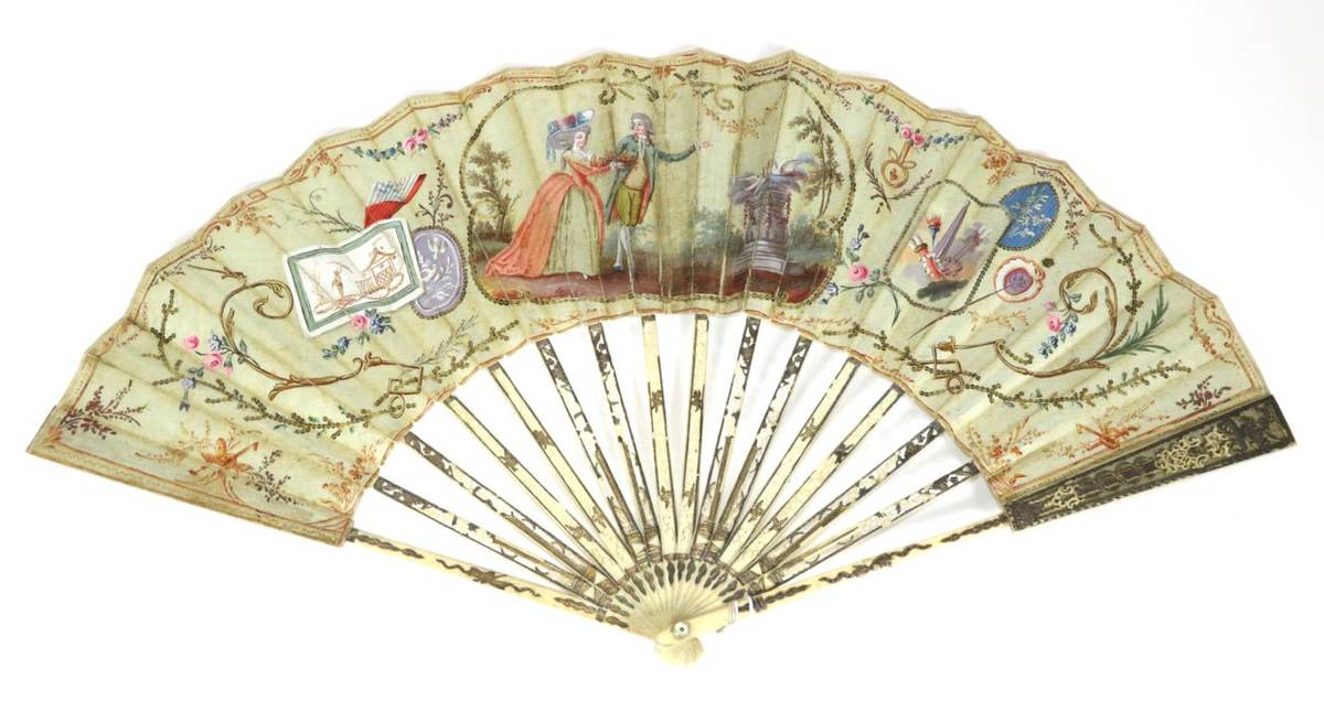 Lot 44 - The Wedgwood Plaque: An 18th Century Ivory Fan, the monture gilded and silvered, carved and...