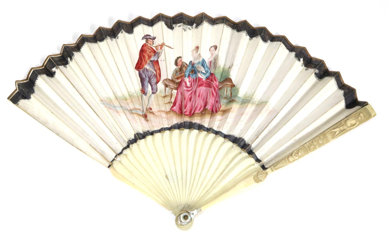 Lot 49 - Vexation: An Early 18th Century Fan, with plain ivory monture save for the guards, which are carved