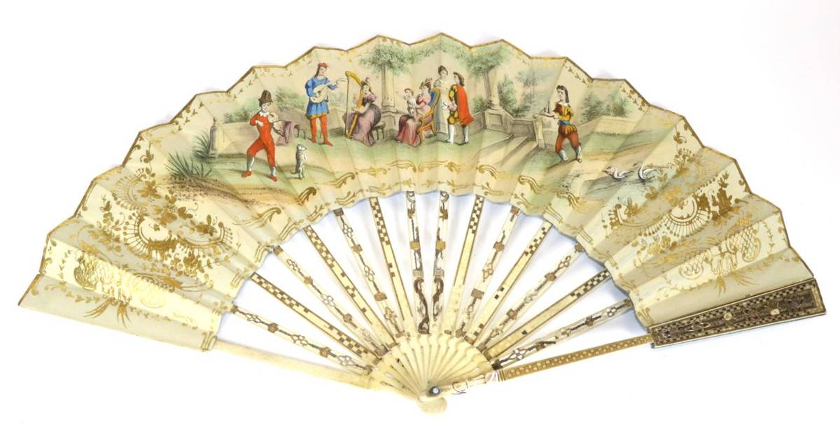 Lot 53 - Musical Gathering: An 18th Century Ivory Monture with a 19th Century Leaf, the guards and gorge...
