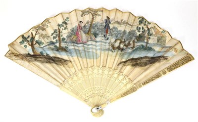 Lot 74 - An 18th Century Ivory Fan, with guards carved in panels with small scale flowers, in the...