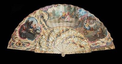 Lot 77 - Village Wedding: A Mid-18th Century Ivory Fan, with carved, pierced and painted sticks, the...