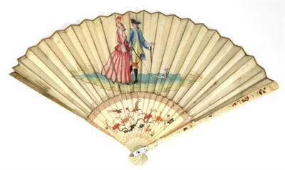 Lot 80 - An Elegant Early 18th Century Ivory Fan, the monture painted recto/verso in reds and gold in...