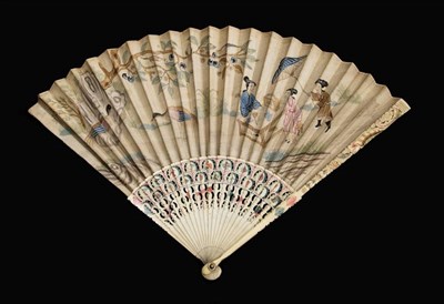 Lot 85 - A Very Fine and Slender Ivory Fan, dated 1747, the guards carved, pierced and painted with...