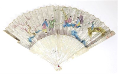 Lot 86 - A Circa 1740's Mother of Pearl Fan, with carved and pierced sticks, the gorge with figures, the...