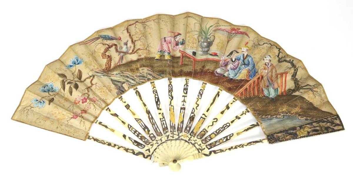 Lot 87 - Exploring the Orient: A Late 18th Century Ivory Fan, the upper guards wide and featuring a...