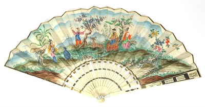 Lot 88 - The Vase Seller: A Circa 1860's Bone Fan, with foil overlay in regular bands on the guards and...