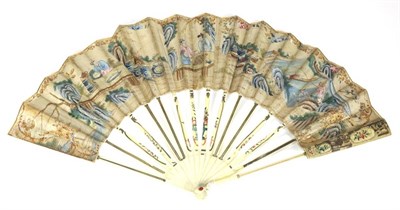 Lot 89 - A Late 18th Century Ivory Fan, the slender sticks delicately painted with pink and blue...