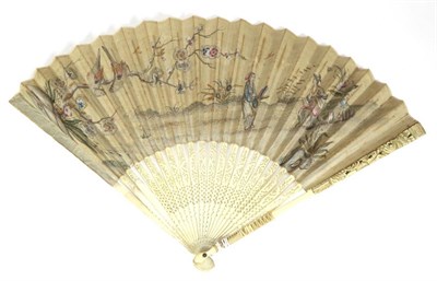 Lot 90 - An Early 18th Century Ivory Fan, the guards with basic carving, the gorge sticks carved to the...