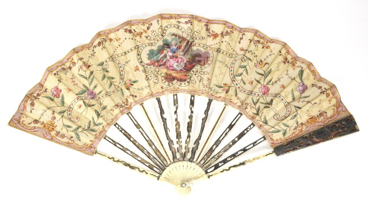Lot 96 - A Mid to Late 18th Century Ivory Fan, the sticks quite slender and straight, the upper guards...