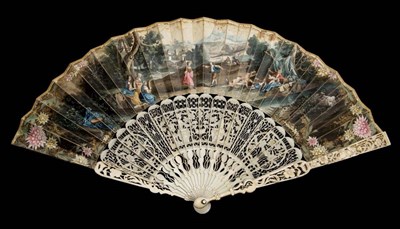 Lot 107 - European Mountain: An Early 18th Century Carved and Pierced Ivory Fan, with carved figures and...