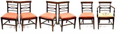 Lot 1066 - A Set of Seven Late George III Mahogany and Ebony Strung Dining Chairs, circa 1820, with curved top