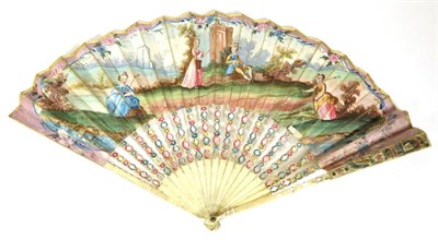 Lot 121 - A Mid-18th Century Ivory Fan, the monture carved and pierced and painted in bright colours, the...