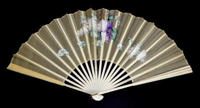 Lot 125 - A Circa 1890's White Gauze Fan, on plain painted wooden sticks, the leaf painted with mauve and...