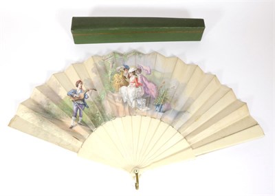 Lot 128 - A Mid to Late 19th Century Ivory Fan, the monture very plain, the double silk leaf painted with...