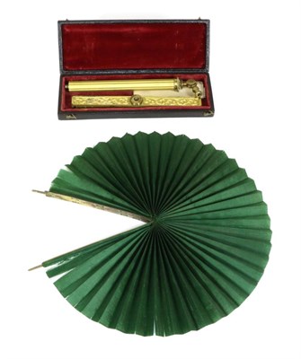 Lot 142 - A Small Table Fan, in original leather carrying case, lined with red velvet, mid-19th century,...