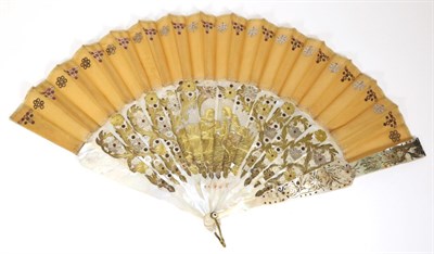 Lot 145 - A Late 19th Century Mother-of-Pearl Fan, with carved and pierced broad shouldered sticks and a...