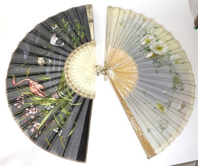 Lot 153 - A Large Circa 1890's Pink Mother-of-Pearl Fan, the monture plain. The shaded blue gauze leaf is...