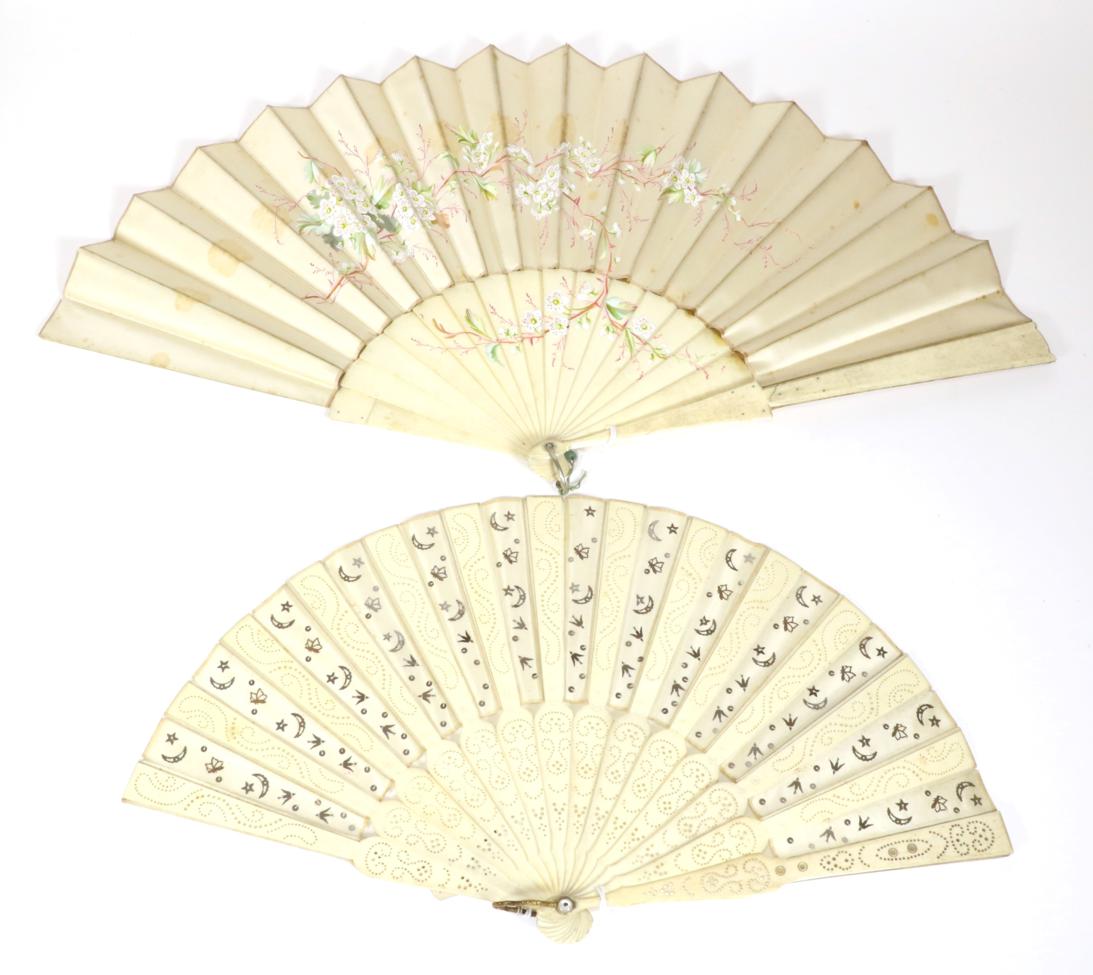Lot 154 - Wild Roses: A Circa 1880's Bone Fan, with plain sticks, embellished only with an extension of...