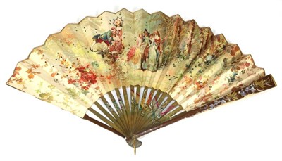 Lot 160 - Autumnal Stroll: A Late 19th Century Wooden Fan, the guards shaped and painted with gold leaves and