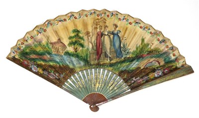 Lot 164 - A Regency Painted Wooden Fan, the soft turquoise highlighted in gold, a large flower spray to...