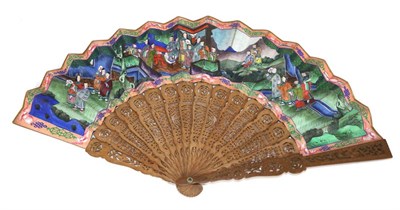 Lot 184 - A Circa 1850-1860 Chinese Carved Sandalwood Mandarin Fan, Qing Dynasty, the double paper leaf...