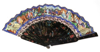 Lot 190 - A Mid-19th Century Chinese Fan, Qing Dynasty, with wooden sticks, lacquered in black with...