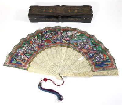 Lot 202 - A Mid 19th Century Chinese Ivory Mandarin Fan, Qing Dynasty, the gorge sticks lightly carved,...