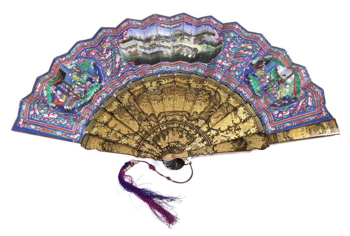 Lot 209 - Harbour Scene: A Circa 1840-1860 Chinese Fan, Qing Dynasty, with wooden sticks, finely and...