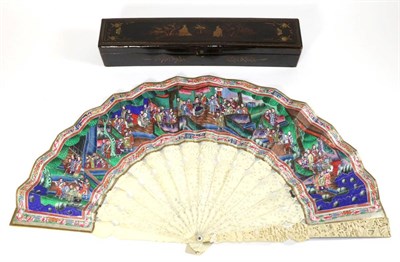 Lot 212 - A Mid-19th Century Chinese Mandarin Fan, Qing Dynasty, the inner sticks in lightly carved...