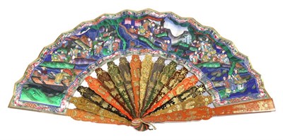 Lot 213 - A Mid-19th Century Chinese Mandarin Fan, Qing Dynasty, with wooden sticks lacquered in...