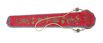 Lot 215 - A 19th Century Chinese Fan Sheath or Hanging Case, Qing Dynasty, cerise silk embroidered in couched