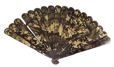 Lot 218 - A Mid-19th Century Chinese Wooden Brisé Fan, Qing Dynasty, the sticks lacquered in black and...