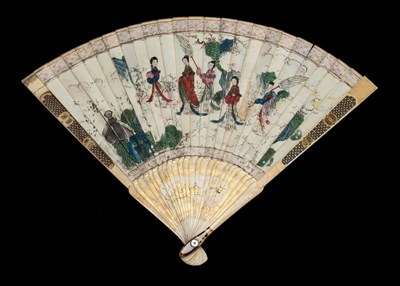 Lot 225 - An Early 18th Century Ivory Fan, Qing Dynasty, with painted sticks, carving on the guards and...