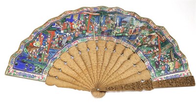 Lot 228 - A Circa 1850-1860 Chinese Carved Sandalwood Mandarin Fan, Qing Dynasty, the double paper leaf...
