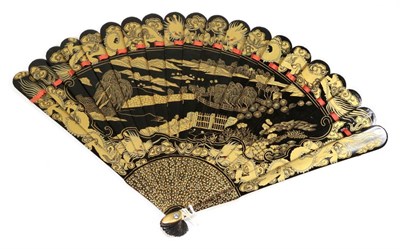 Lot 230 - A Circa 1840's Unusual Chinese Wooden Brisé Fan, Qing Dynasty, lacquered in black and gold...