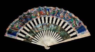 Lot 233 - A Mid-18th Century Chinese Carved Ivory Cabriolet Fan, Qing Dynasty, the double paper leaf with...