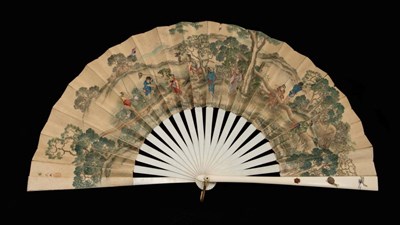 Lot 242 - A Late 19th Century Japanese Painted Fan, ivory sticks, the guards inset with shibayama of a...