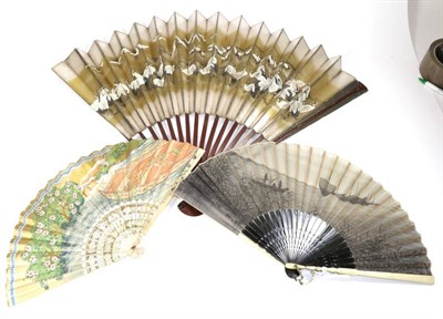 Lot 245 - A Late 19th Century Japanese Fan, the sticks of wood, the gorge plain, the guards painted a...