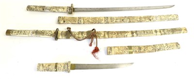 Lot 13 - A Late 19th Century Japanese Wakizashi, with 54cm steel blade, the sectional bone hilt and scabbard