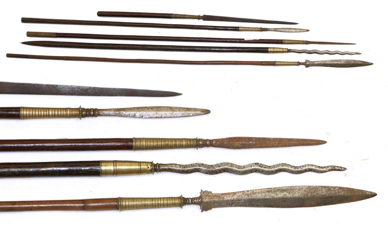 Lot 57 - Five Various Late 19th Century Indonesian Spears, one with triangular section blade and short...