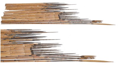 Lot 59 - Three Papua New Guinea Spears, each with a split bamboo head bound to carved palmwood tangs...