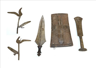 Lot 68 - An Ekonde Knife, D.R.C., the 26cm spatula shape blade with pierced decoration, the wood handle...
