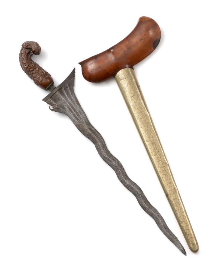 Lot 96 - A 19th Century Javanese Kris, Madura, with 38cm nine lok pamor blade, the wood hilt pierced and...