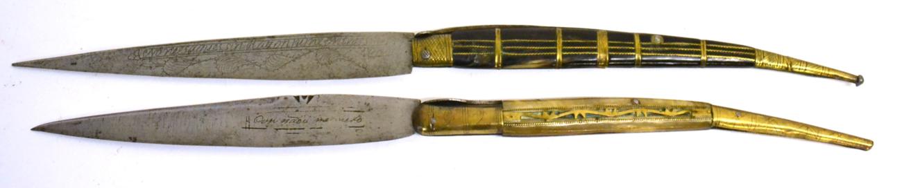 Lot 112 - Two Late 19th Century Spanish Navajo (Folding) Knives, with 27cm and 25cm single curved edge...